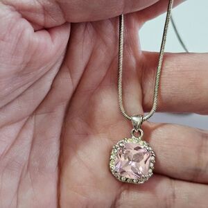 Avon Silver Tone Pink Rhinestone Pendant Necklace 16.5-19" Clear Accents
